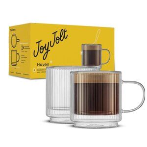 JoyJolt Haven Stackable Fluted Glass Mugs, Set of 2 Ribbed Double Wall Insulated